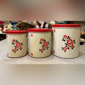 Vintage Decoware Kitchen 3 Canister Set with Red Poppy Design.